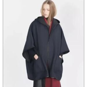 ZARA Wool Blend Hooded Cape Poncho Coat Size S in Navy